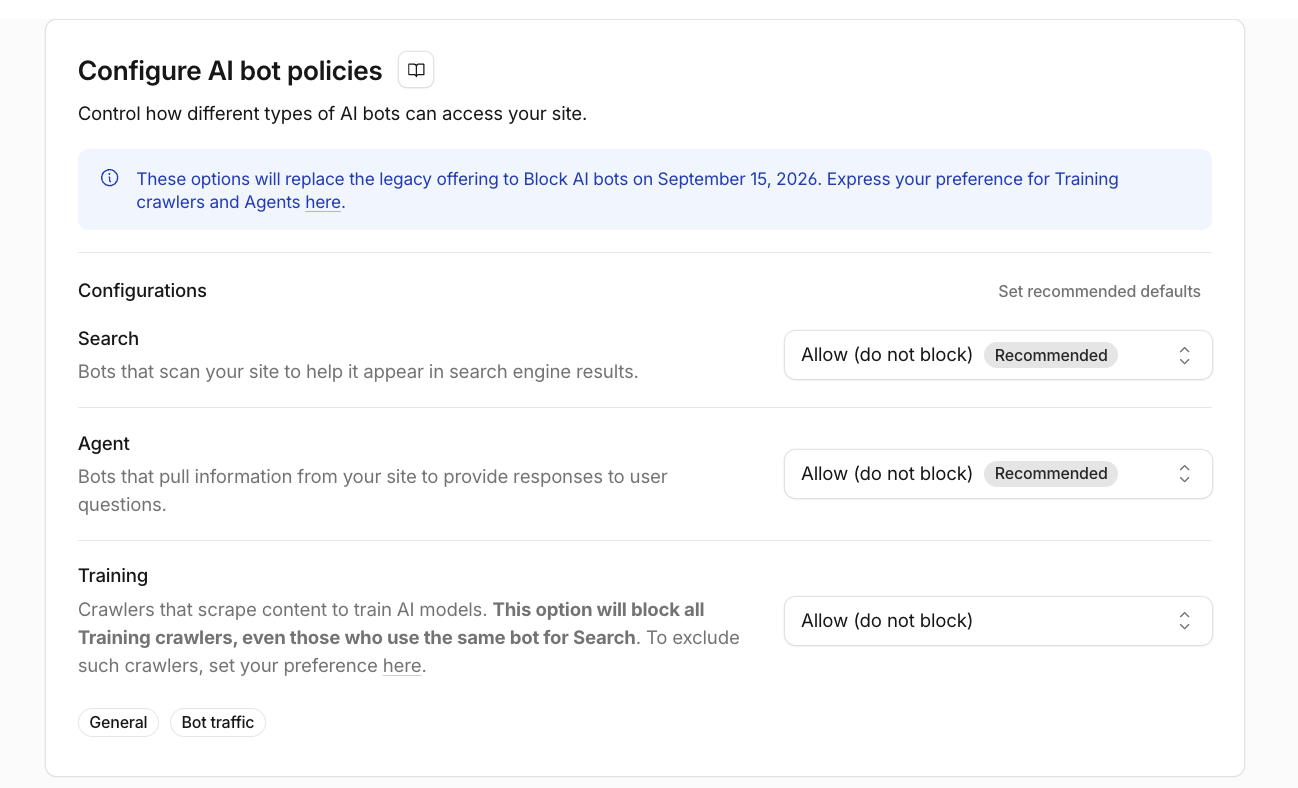 Cloudflare's Configure AI bot policies panel. Search, Agent and Training are each set to Allow, do not block. Under Training, Cloudflare warns that the block option will block all Training crawlers, even those who use the same bot for Search, and offers a link to exclude such crawlers.